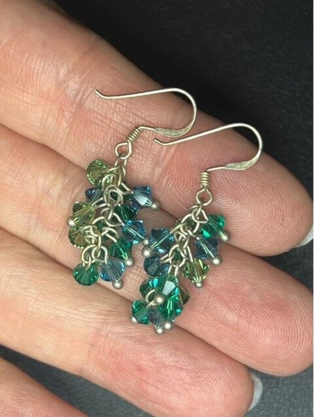 B7309 Sterling Silver Dangle Crystal Cluster Earrings 1.5" Green Blue Teal